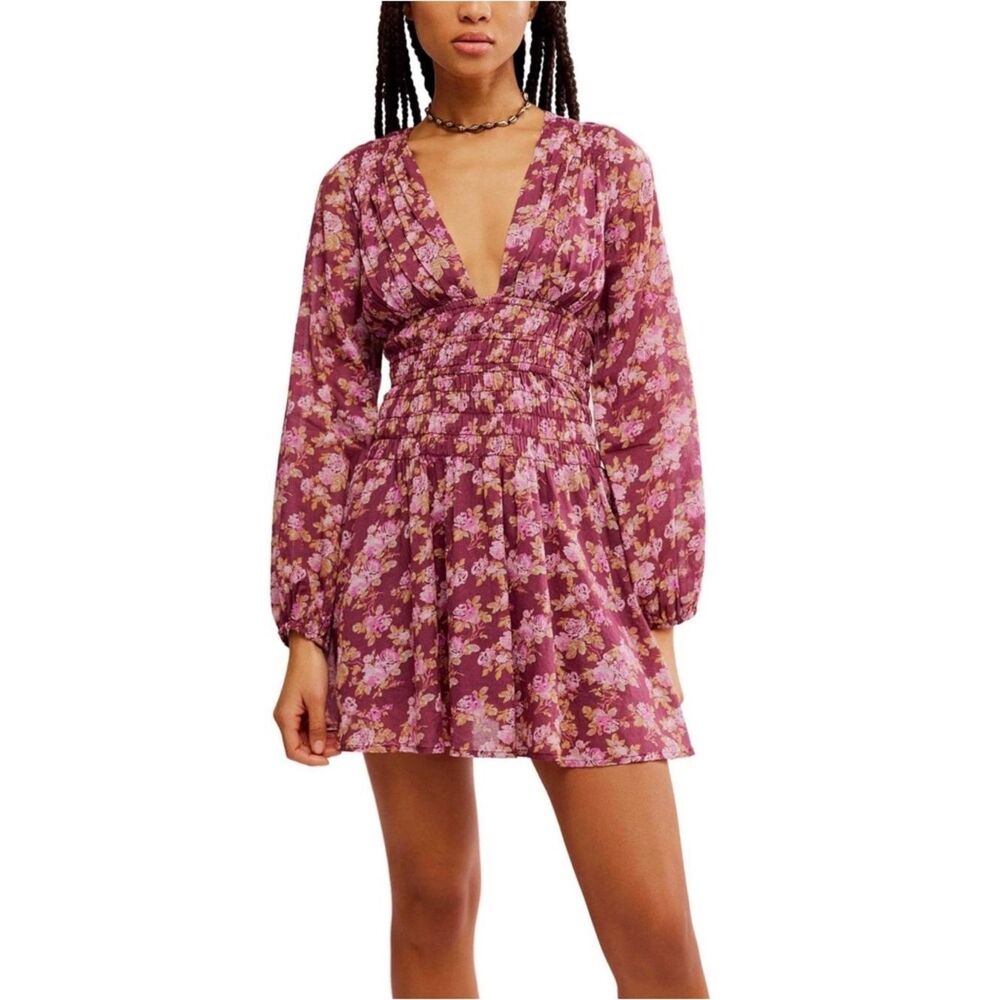 Free People - ‘Berry Combo’ Floral Smocked Waist V-Neck Mini Dress sz Small